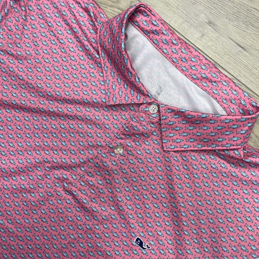 Vineyard Vines Polo Mens XL Pink Fish Print Performance Short Sleeve 1G012673